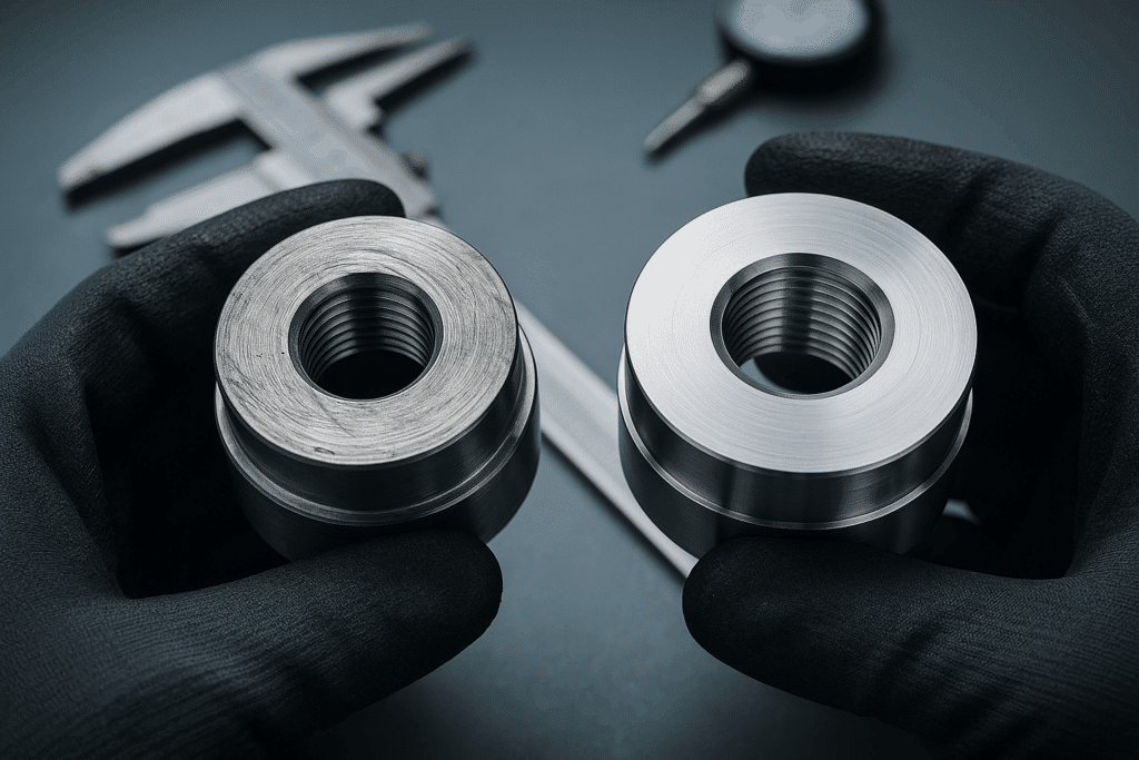 Comparison of two metal parts demonstrating the difference in quality caused by cheap machining.