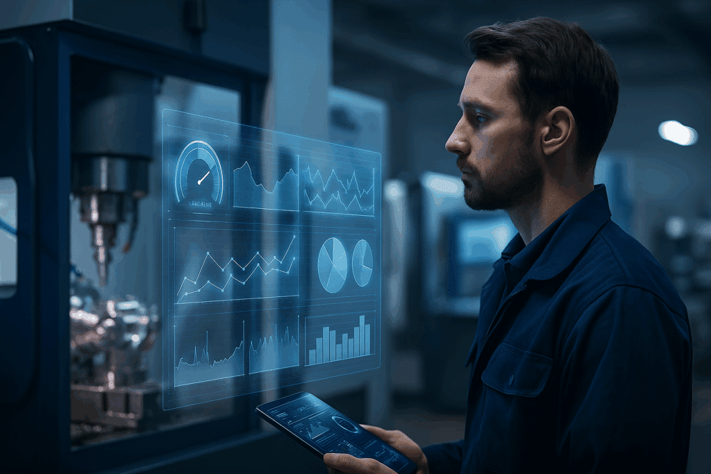 Engineer reviewing live production analytics that reflect CNC Machining trends in digital thread integration