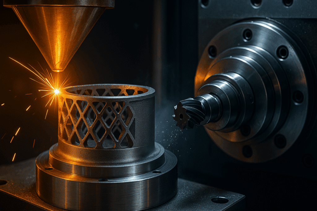 Hybrid metal manufacturing cell highlighting CNC Machining trends in additive and subtractive integration