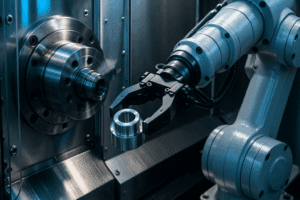 Robotic tending cell showing CNC Machining trends toward automation and high spindle uptime