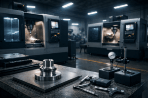 Inspection bench and machining cell illustrating surface finish CNC machining requirements and quality control