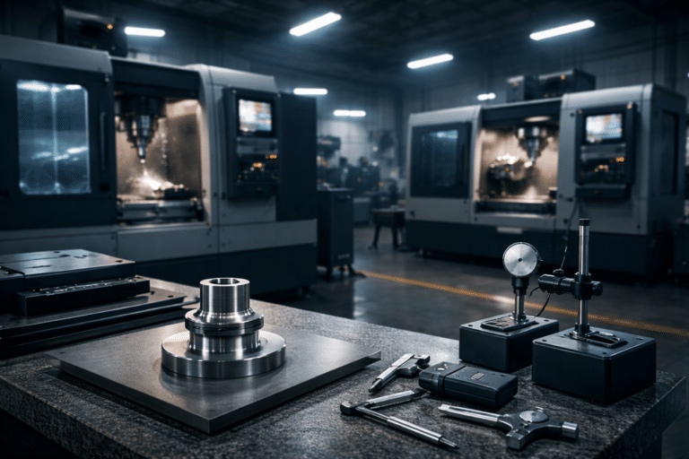 Inspection bench and machining cell illustrating surface finish CNC machining requirements and quality control
