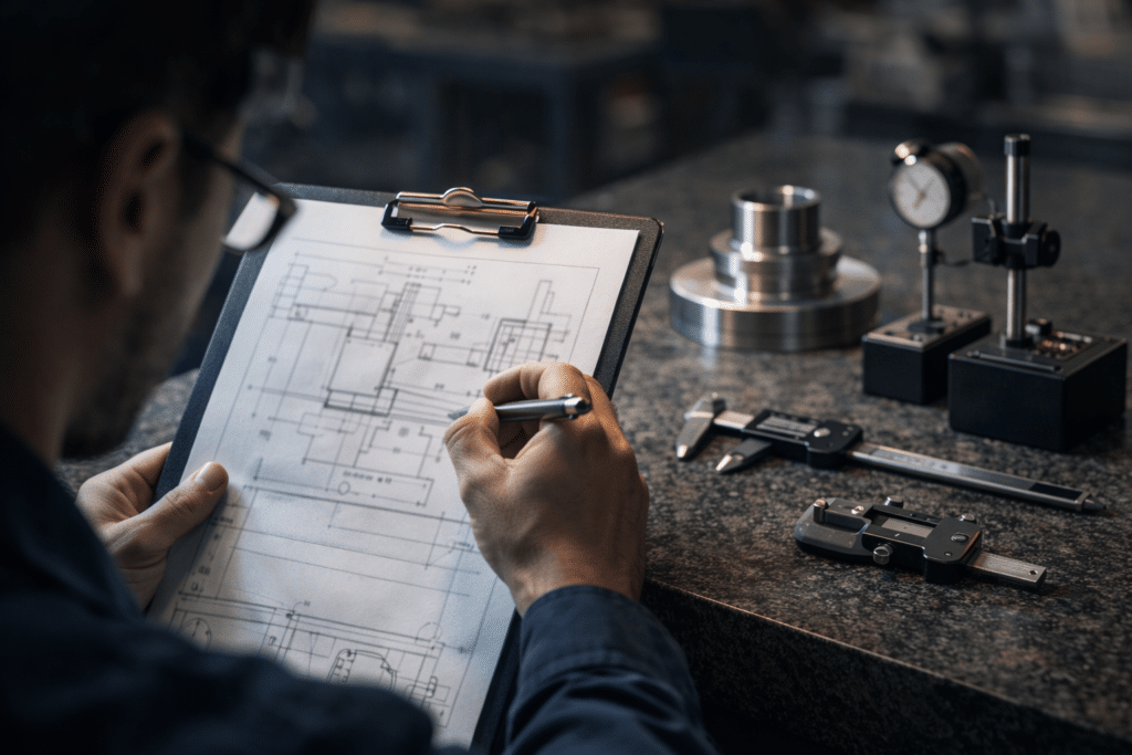 Engineer reviewing print and inspection tools to define surface finish CNC machining requirements