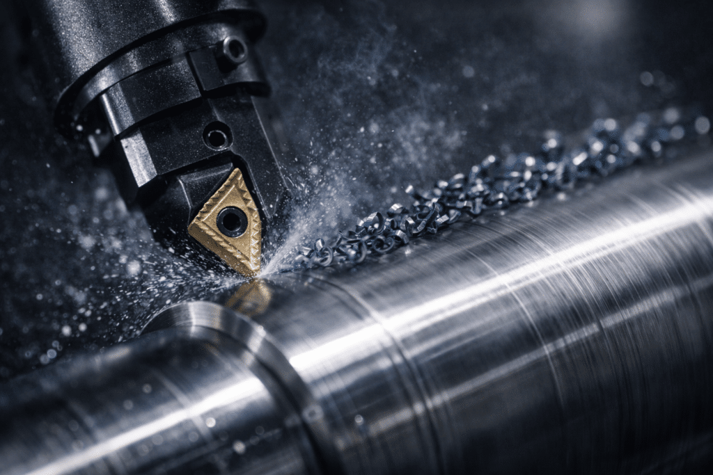 CNC lathe turning steel shaft with carbide cutting tool producing metal chips during precision machining
