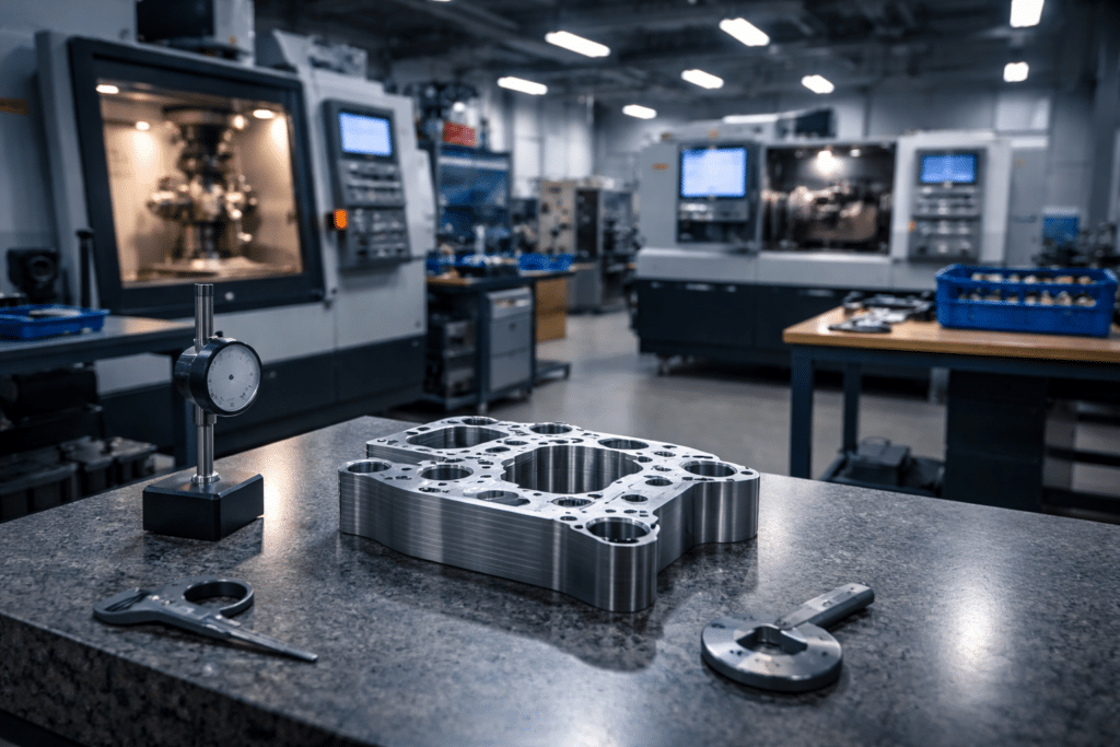Precision CNC machining aluminum component on granite inspection table with dial indicator gauge to reduce CNC scrap rate in modern machine shop