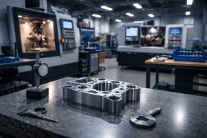 Precision CNC machining aluminum component on granite inspection table with dial indicator gauge to reduce CNC scrap rate in modern machine shop