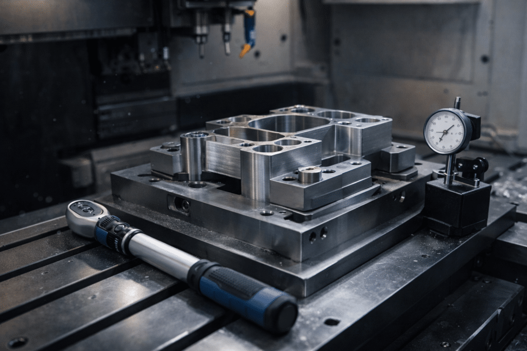 Precision CNC fixture holding machined aluminum part with torque wrench and dial indicator for setup verification