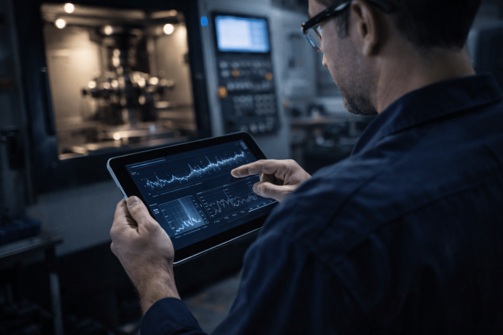 Manufacturing engineer analyzing CNC machining performance data on tablet inside machine shop
