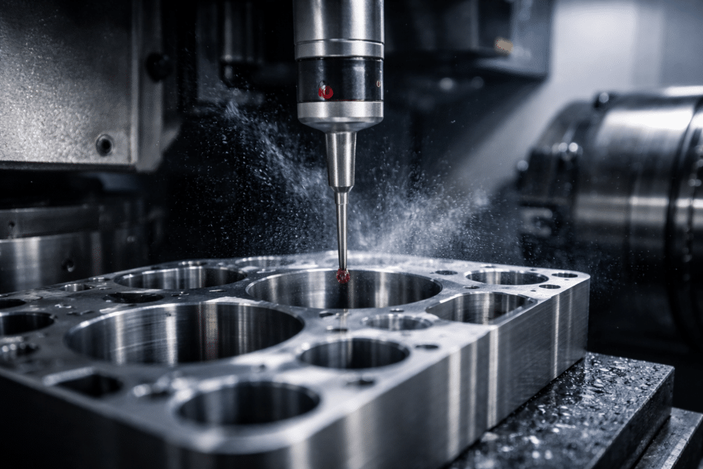 CNC machining center probe measuring aluminum block bores during precision milling process