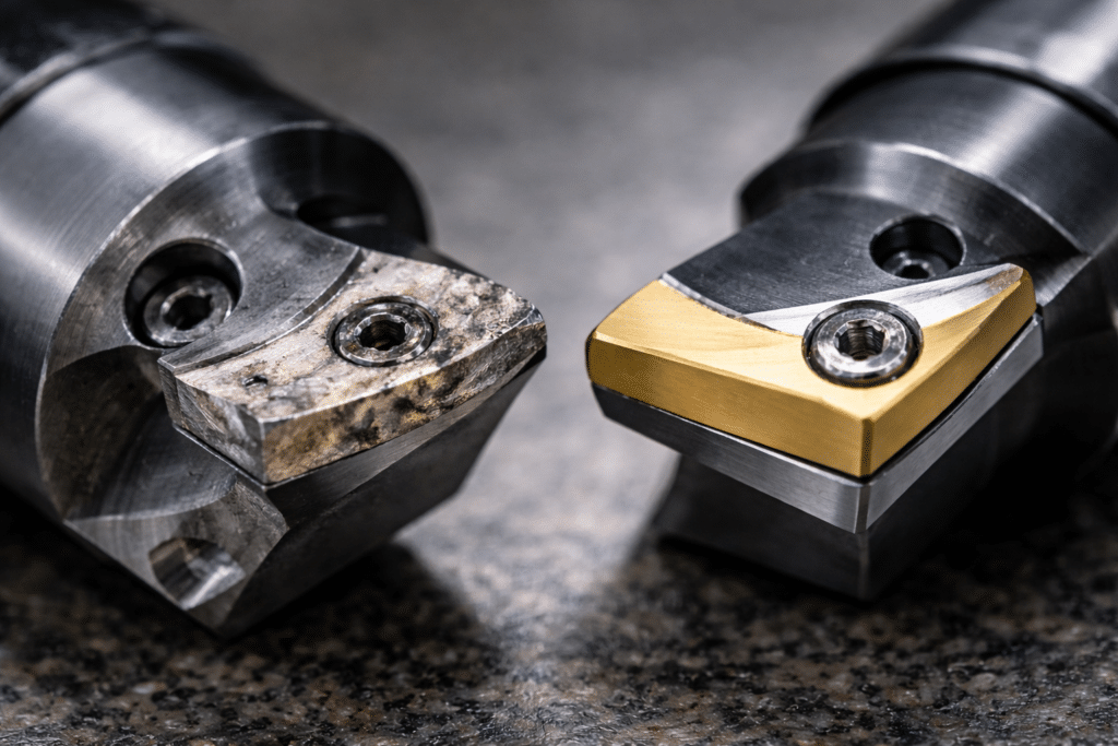 Worn carbide insert compared to new insert showing tool wear drift affecting machining tolerances at scale in high volume CNC machining