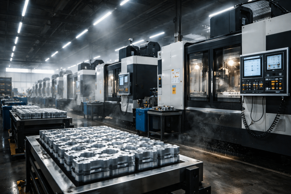 High-volume CNC production floor maintaining machining tolerances at scale during palletized aluminum manufacturing