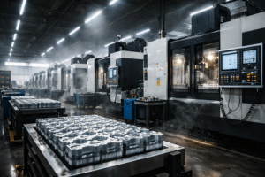 High-volume CNC production floor maintaining machining tolerances at scale during palletized aluminum manufacturing