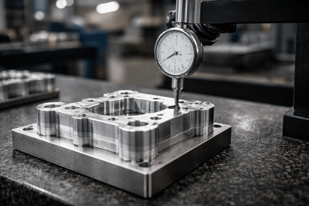 Dial indicator measuring machined aluminum component to verify machining tolerances at scale in CNC production