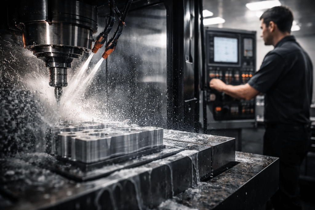 CNC machining center with coolant flow and operator monitoring conditions to maintain machining tolerances at scale