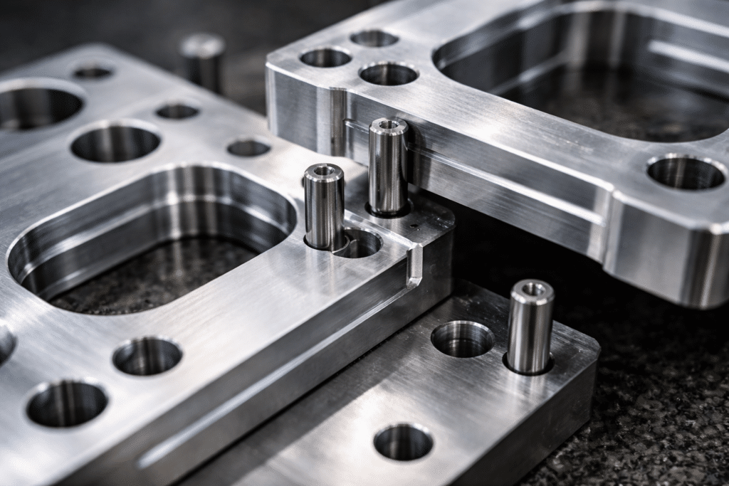 Machined metal components with dowel pins illustrating tolerance stack-up challenges when holding machining tolerances at scale
