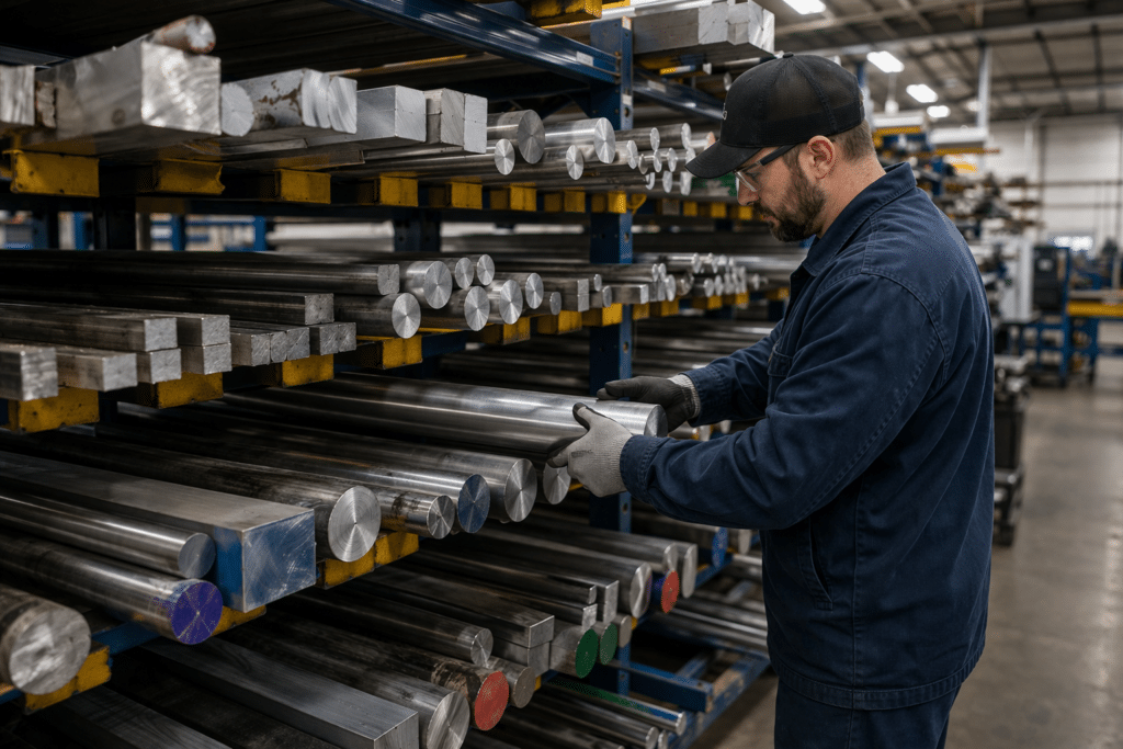 Worker inspecting metal stock during the cnc machining quote process to verify material availability and lead times