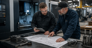 Engineers reviewing technical drawings during the cnc machining quote process inside a modern machine shop