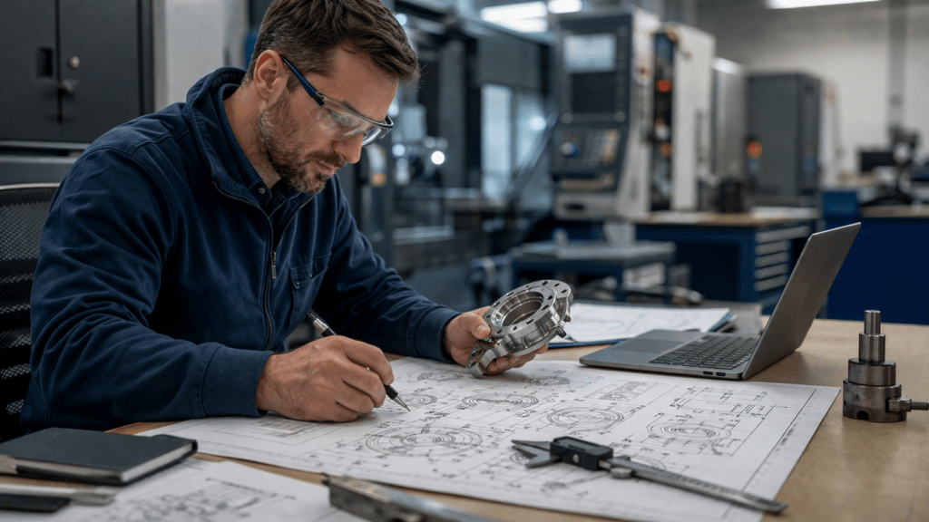 Engineer analyzing part drawings and components during the cnc machining quote process for production planning