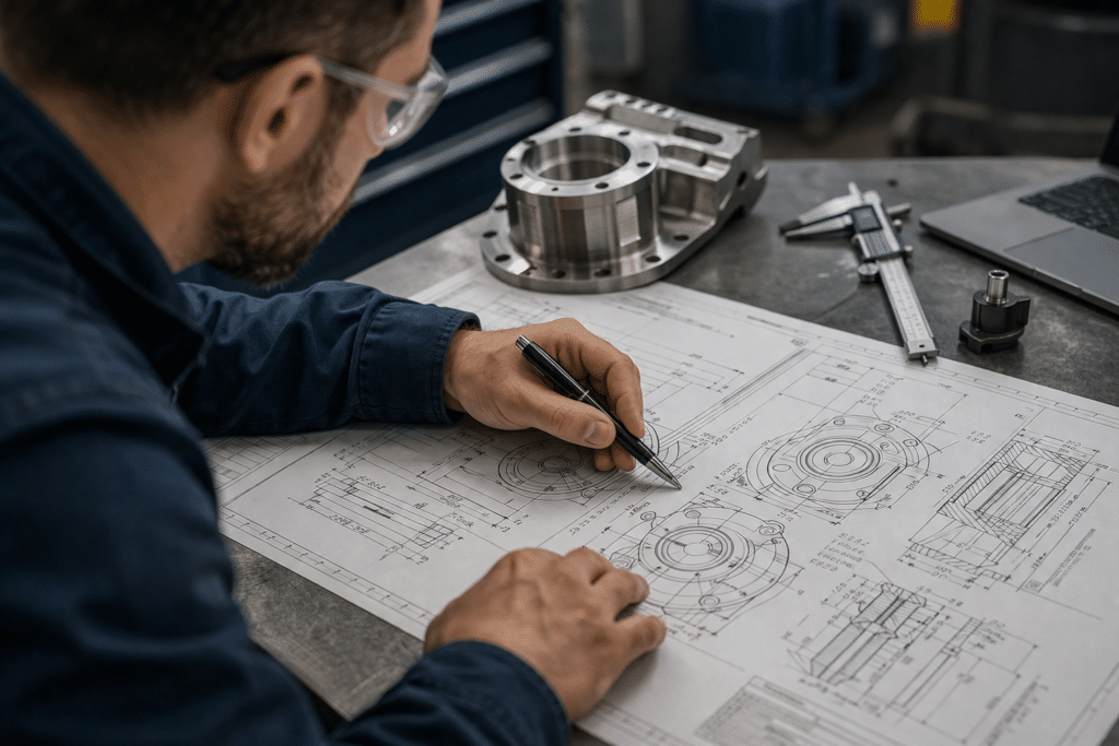 Close-up of technical drawing review during the cnc machining quote process to identify tolerance and design issues