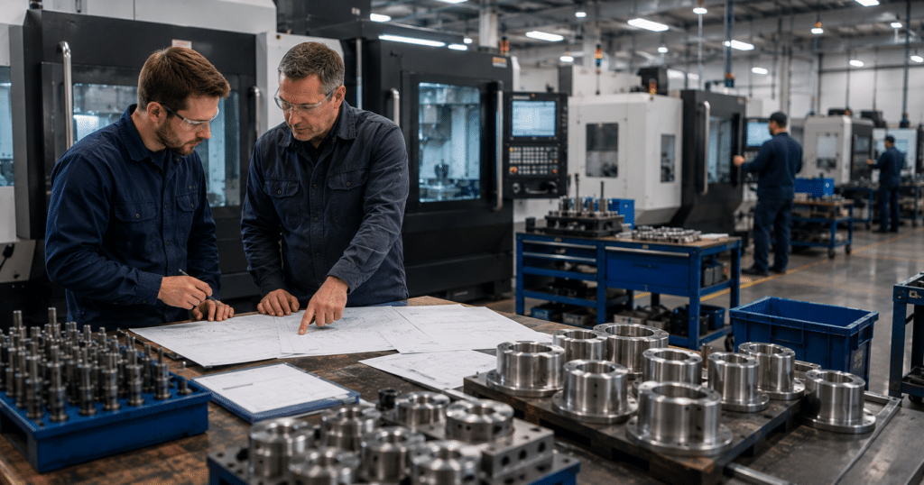 Engineers reviewing launch documents during the CNC production launch process before first article machining