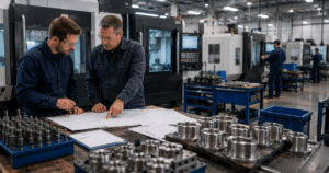 Engineers reviewing launch documents during the CNC production launch process before first article machining