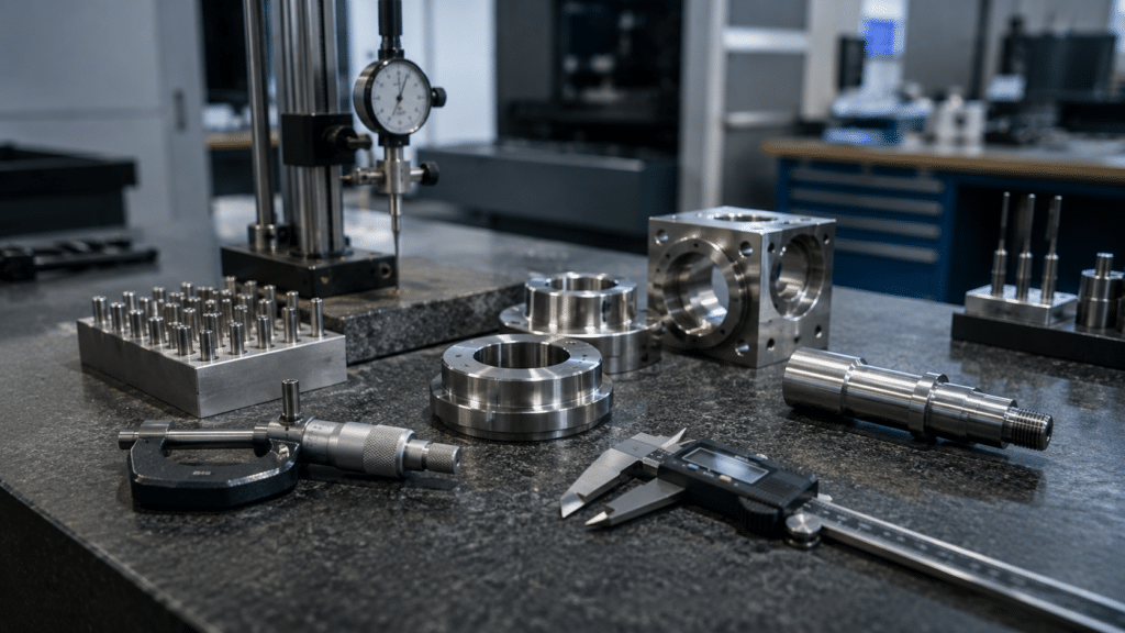 Inspection equipment and machined parts inside a cnc machine shop for production quality control
