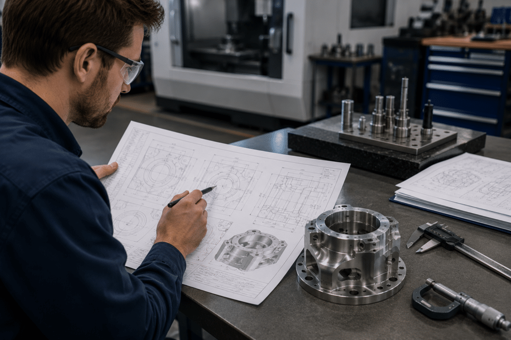 Engineer reviewing technical drawings during the CNC production launch process before first article approval