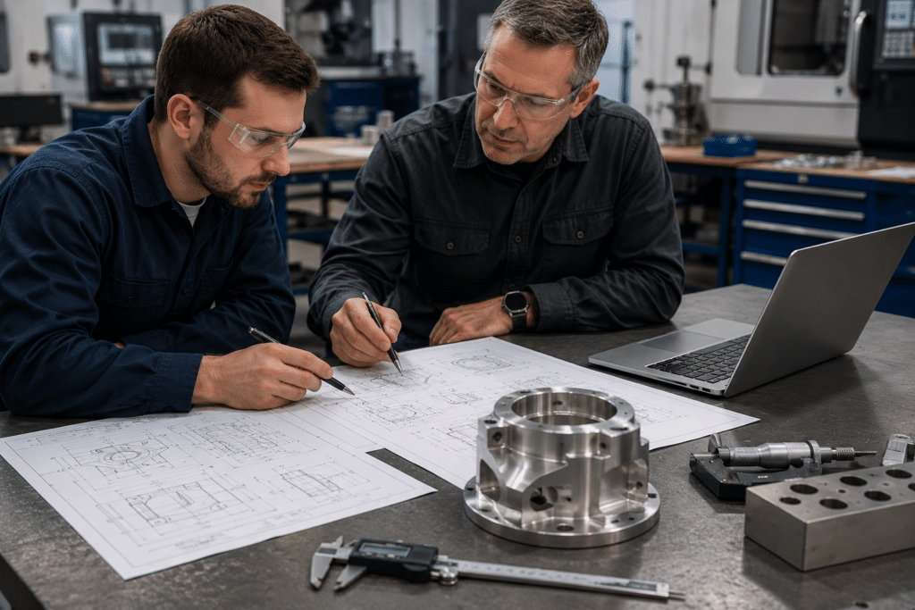 Engineers reviewing drawings and machined parts during cnc machine shop for production planning discussions