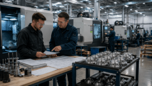 Engineers reviewing production workflow inside a cnc machine shop for production machining operations