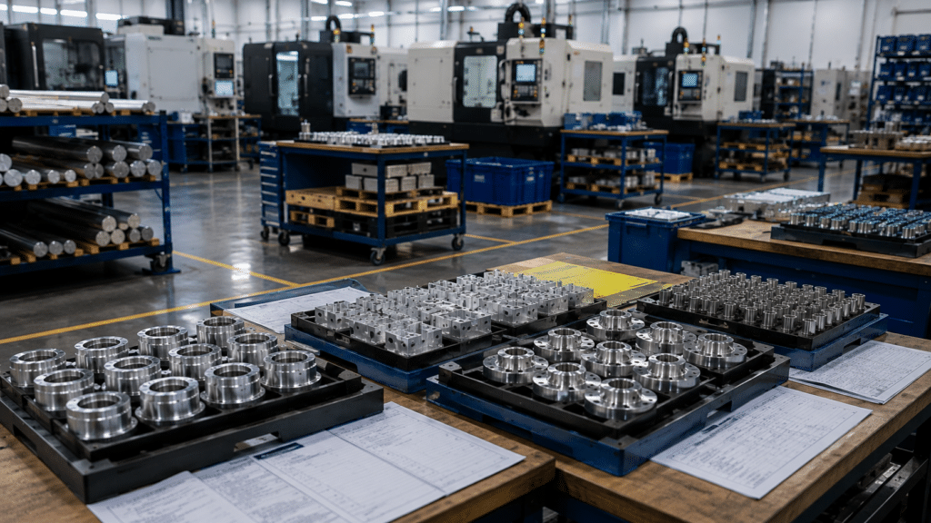 Finished machined parts staged inside a cnc machine shop for production scheduling and workflow control