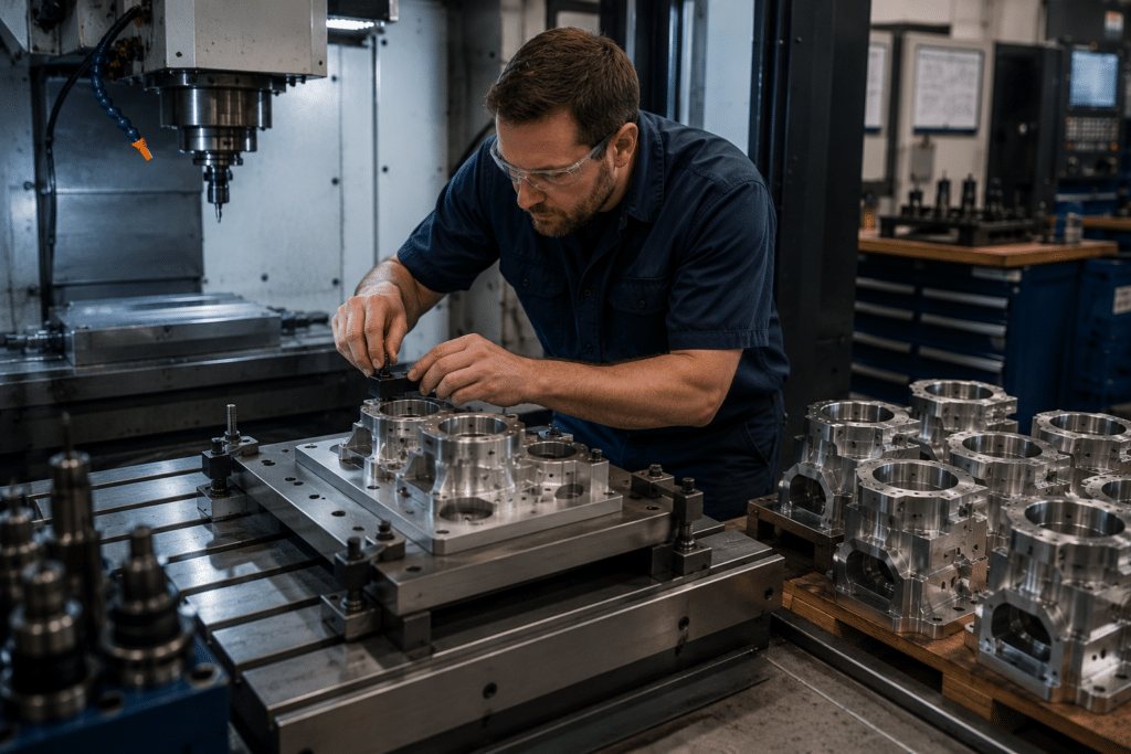 Machinist verifying fixture setup during the CNC production launch process before repeat machining begins