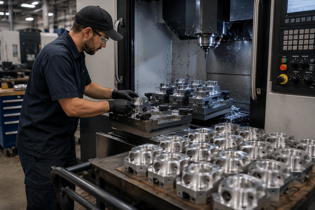 Machinist loading repeat production components at a cnc machine shop for production machining