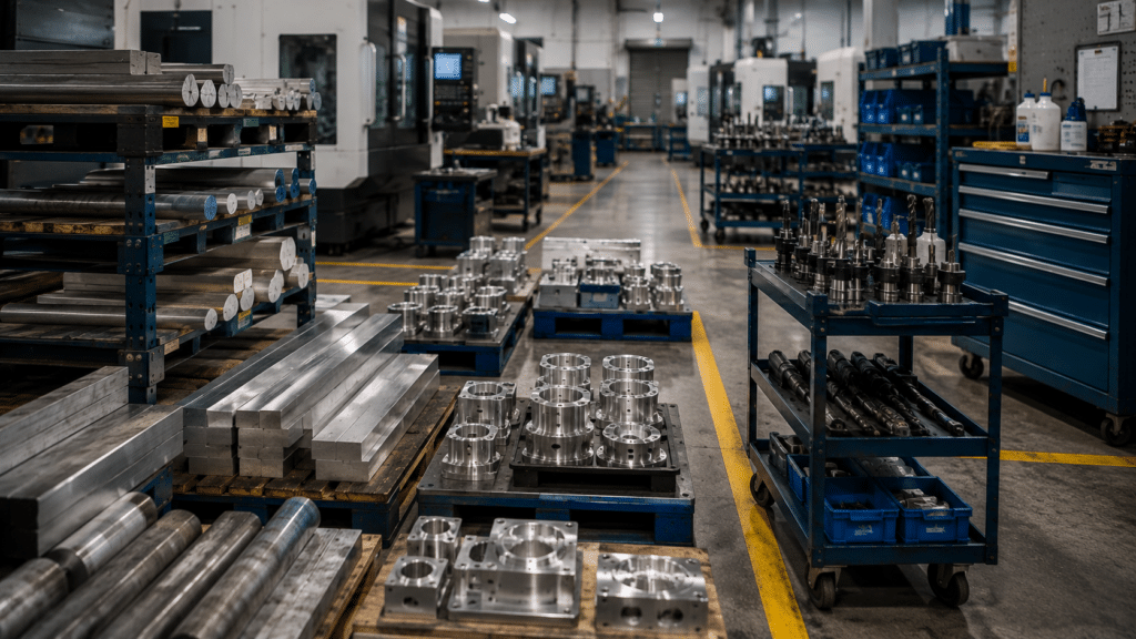 Material staging and tooling preparation during the CNC production launch process before first article inspection