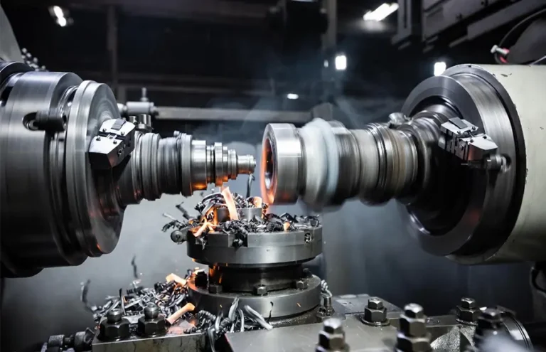 Twin-turret CNC lathe machining a part with synchronized dual tooling showing excellent tool access for Design for Manufacturability CNC